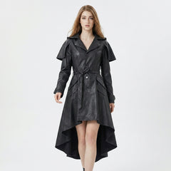 Handcrafted black leather gothic trench coat dress for women with asymmetrical high-low hem