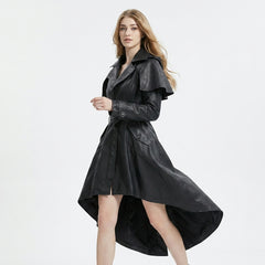 Front view of black leather trench coat dress with button closure and dark fashion styling