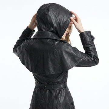 Handcrafted black leather gothic trench coat dress for women with asymmetrical high-low hem