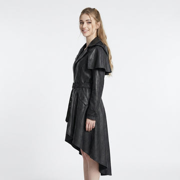 Handcrafted black leather gothic trench coat dress for women with asymmetrical high-low hem