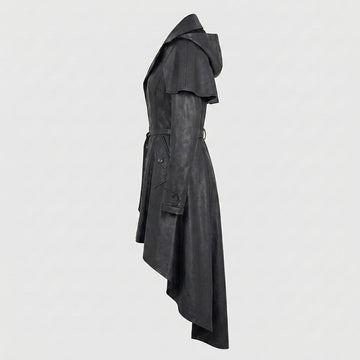 Handcrafted black leather gothic trench coat dress for women with asymmetrical high-low hem