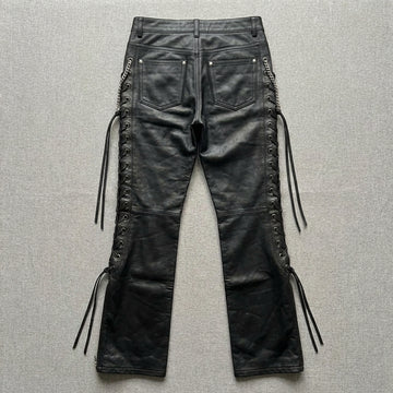 Black leather lace-up pants for women with high waist fit and side lace detailing