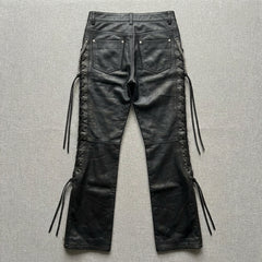 Front view of black leather lace-up trousers for punk rock and alternative fashion