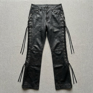 Black leather lace-up pants for women with high waist fit and side lace detailing