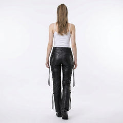 Women’s punk rock leather trousers with side lace ties and fitted silhouette