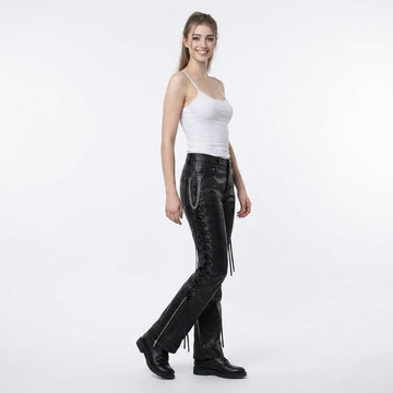 Black leather lace-up pants for women with high waist fit and side lace detailing