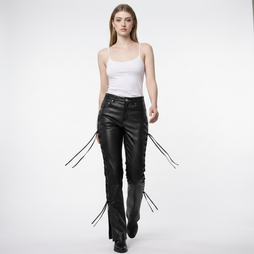 Black leather lace-up pants for women with high waist fit and side lace detailing