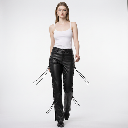 Black leather lace-up pants for women with high waist fit and side lace detailing