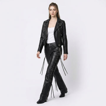 Black leather lace-up pants for women with high waist fit and side lace detailing