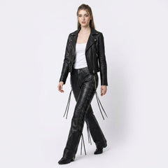Black Leather Lace-Up Pants for Women - Gothic Biker Trousers