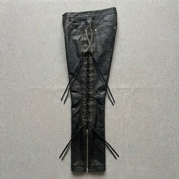 Black leather lace-up pants for women with high waist fit and side lace detailing
