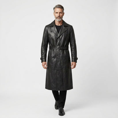Men's black leather trench coat, long gothic winter coat with classic tailored fit. - Rizwards Leather