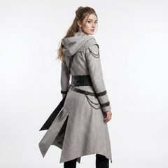 White Hooded Leather Coat Women | Assassin Costume | Assassins Creed Inspired Coat | Female Assassin Cosplay | White Cape Coat | Renaissance Faire Costume | LARP Fantasy Leather Outfit