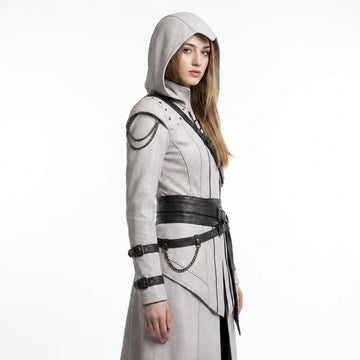 White Hooded Leather Coat Women | Assassin Costume | Assassins Creed Inspired Coat | Female Assassin Cosplay | White Cape Coat | Renaissance Faire Costume | LARP Fantasy Leather Outfit