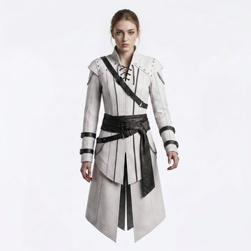 White Hooded Leather Coat Women | Assassin Costume | Assassins Creed Inspired Coat | Female Assassin Cosplay | White Cape Coat | Renaissance Faire Costume | LARP Fantasy Leather Outfit