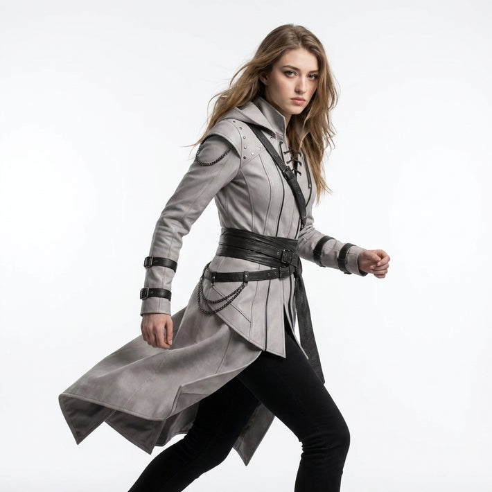 White Hooded Leather Coat Women | Assassin Costume | Assassins Creed Inspired Coat | Female Assassin Cosplay | White Cape Coat | Renaissance Faire Costume | LARP Fantasy Leather Outfit