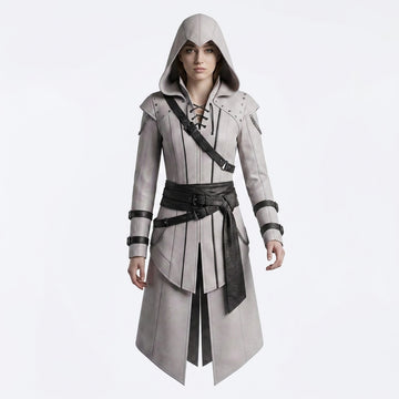 White Hooded Leather Coat Women | Assassin Costume | Assassins Creed Inspired Coat | Female Assassin Cosplay | White Cape Coat | Renaissance Faire Costume | LARP Fantasy Leather Outfit