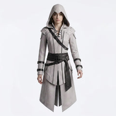 White Hooded Leather Coat Women | Assassin Costume | Assassins Creed Inspired Coat | Female Assassin Cosplay | White Cape Coat | Renaissance Faire Costume | LARP Fantasy Leather Outfit