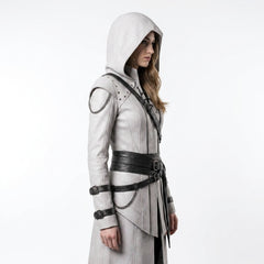 White Hooded Leather Coat Women | Assassin Costume | Assassins Creed Inspired Coat | Female Assassin Cosplay | White Cape Coat | Renaissance Faire Costume | LARP Fantasy Leather Outfit