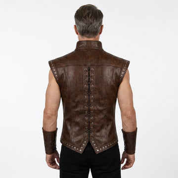 Men's Brown Genuine Leather Vest, Studded Renaissance Vest, Viking Leather Vest, Medieval Mens Vest, Victorian Vest Men, Punk Leather Vest