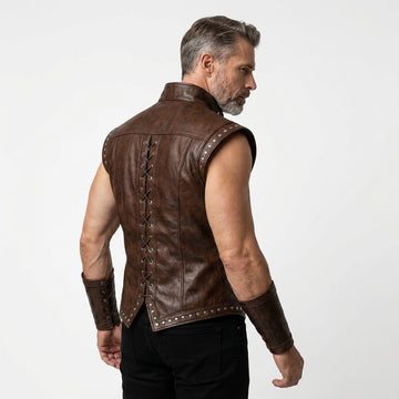Men's Brown Genuine Leather Vest, Studded Renaissance Vest, Viking Leather Vest, Medieval Mens Vest, Victorian Vest Men, Punk Leather Vest