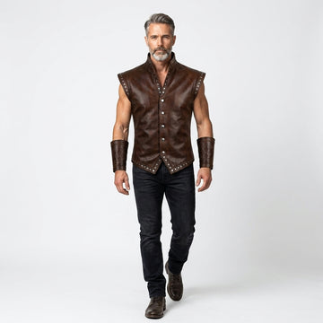 Men's Brown Genuine Leather Vest, Studded Renaissance Vest, Viking Leather Vest, Medieval Mens Vest, Victorian Vest Men, Punk Leather Vest
