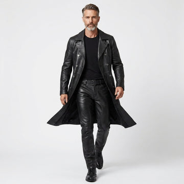 Mens Leather Trench Coat | Long Black Leather Trench Coat Men | Matrix Trench Coat Men | Gothic Trench | Cyberpunk Pants | Leather Boots