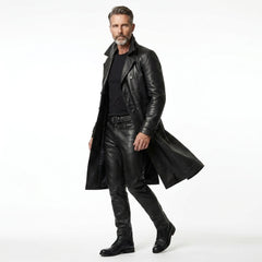 Mens Leather Trench Coat | Long Black Leather Trench Coat Men | Matrix Trench Coat Men | Gothic Trench | Cyberpunk Pants | Leather Boots