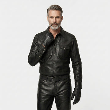 Mens Black Leather Shirt and Pants Set | Gothic Shirt | Cyberpunk Pants | Mens Leather Outfit | Premium Leather Clothing