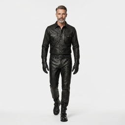 Mens Black Leather Shirt and Pants Set | Gothic Shirt | Cyberpunk Pants | Mens Leather Outfit | Premium Leather Clothing
