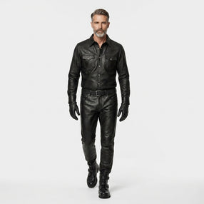 Mens Black Leather Shirt and Pants Set | Gothic Shirt | Cyberpunk Pants | Mens Leather Outfit | Premium Leather Clothing