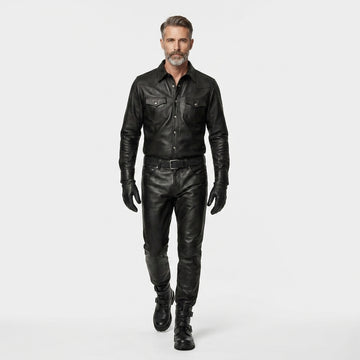 Mens Black Leather Shirt and Pants Set | Gothic Shirt | Cyberpunk Pants | Mens Leather Outfit | Premium Leather Clothing