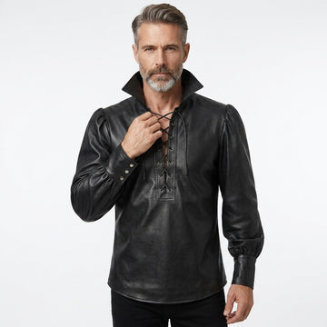 Men's Black Genuine Leather Shirt | Lace Up Leather Shirt | Medieval Pirate Shirt | Renaissance Victorian Shirt, Gothic Viking Long Sleeve Shirt