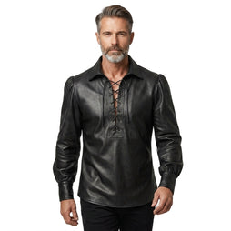 Men's Black Genuine Leather Shirt | Lace Up Leather Shirt | Medieval Pirate Shirt | Renaissance Victorian Shirt, Gothic Viking Long Sleeve Shirt