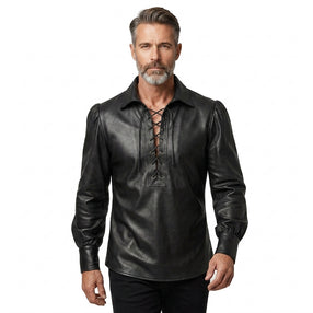 Men's Black Genuine Leather Shirt | Lace Up Leather Shirt | Medieval Pirate Shirt | Renaissance Victorian Shirt, Gothic Viking Long Sleeve Shirt