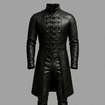 Black Full Leather Long Coat & Pants Set | Men Long Black Leather Coat Fashion Outfit