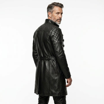 Black Full Leather Long Coat & Pants Set | Men Long Black Leather Coat Fashion Outfit