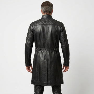 Black Full Leather Long Coat & Pants Set | Men Long Black Leather Coat Fashion Outfit