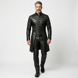 Black Full Leather Long Coat & Pants Set | Men Long Black Leather Coat Fashion Outfit