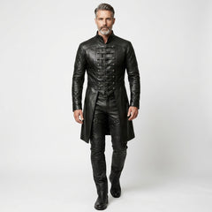 Black Full Leather Long Coat & Pants Set | Men Long Black Leather Coat Fashion Outfit