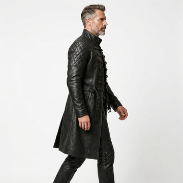Black Full Leather Long Coat & Pants Set | Men Long Black Leather Coat Fashion Outfit