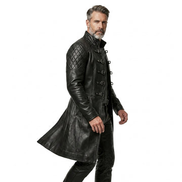 Black Full Leather Long Coat & Pants Set | Men Long Black Leather Coat Fashion Outfit
