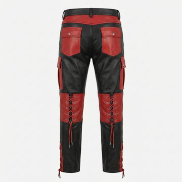 Men’s Black & Red Leather Cargo Pants – Gothic Cyberpunk Lace-Up Pants with Utility Pockets, Punk Biker Goth Trousers
