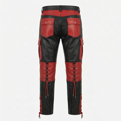 Men’s Black & Red Leather Cargo Pants – Gothic Cyberpunk Lace-Up Pants with Utility Pockets, Punk Biker Goth Trousers
