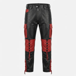 Men’s Black & Red Leather Cargo Pants – Gothic Cyberpunk Lace-Up Pants with Utility Pockets, Punk Biker Goth Trousers