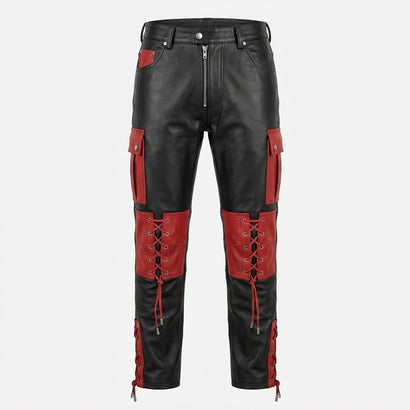 Men's black and red leather cargo pants with lace-up panels and utility pocket detailing. - Rizwards Leather