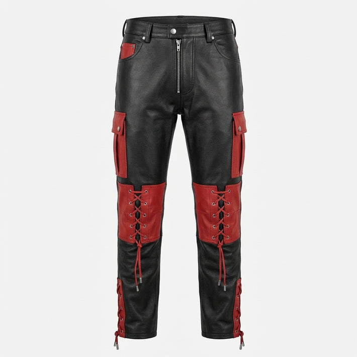 Men’s Black & Red Leather Cargo Pants – Gothic Cyberpunk Lace-Up Pants with Utility Pockets, Punk Biker Goth Trousers