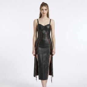 Gothic Leather Maxi Dress | Corset Dress | Goth Clothes | Silver Cross Dress | Victorian Dress | Renaissance Dress | Medieval Dress | Fantasy Gown