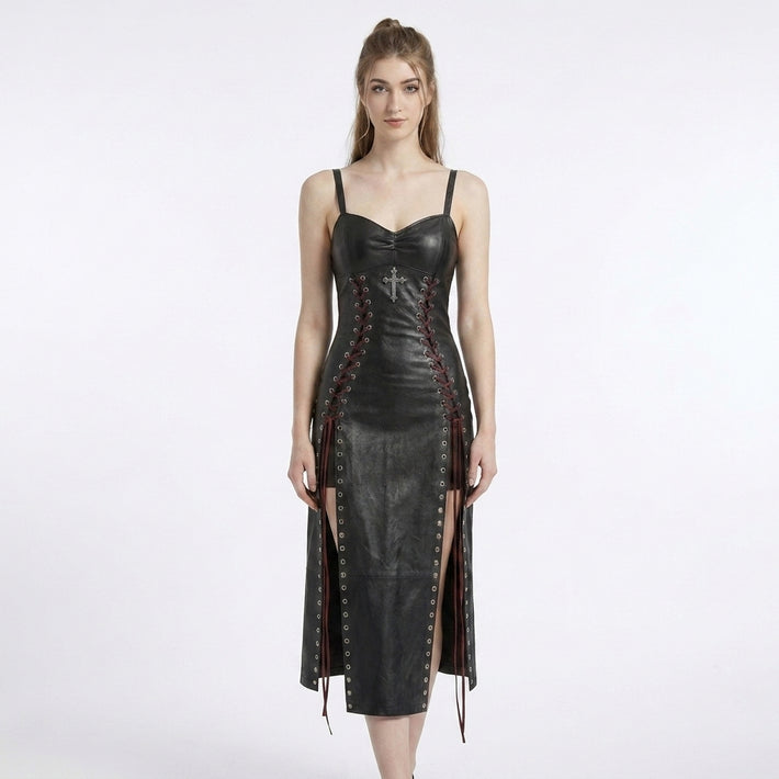 Gothic Leather Maxi Dress | Corset Dress | Goth Clothes | Silver Cross Dress | Victorian Dress | Renaissance Dress | Medieval Dress | Fantasy Gown