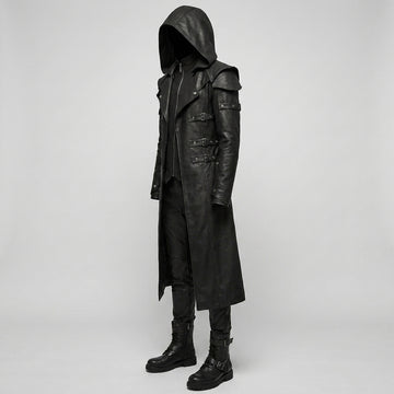 Full front view of men’s black hooded leather trench coat with gothic LARP cosplay style, long duster shape, and dark fashion look. - Rizwards Leather